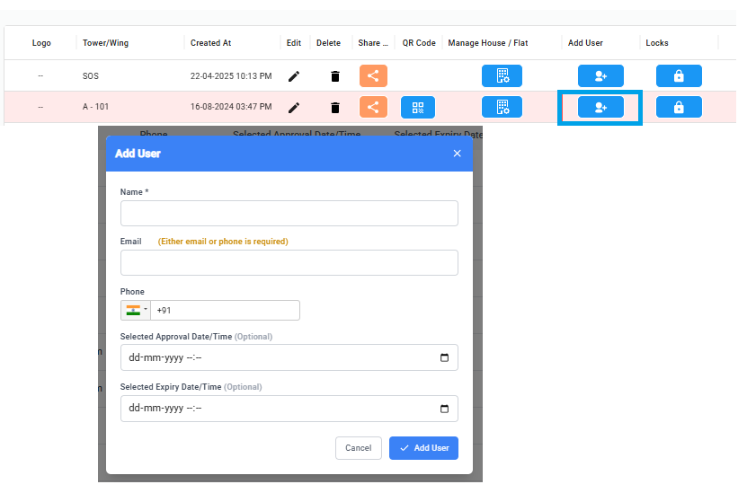 Add User popup
